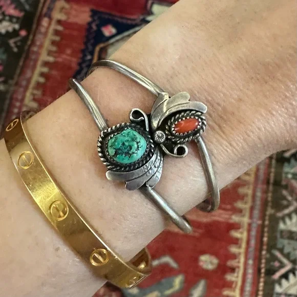 Vintage Signed Tony Aguilar Jr. Sterling Silver Turquoise & Coral Cuff Bracelet - Picture 1 of 5